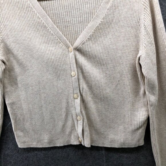 Old Navy Ribbed Cardigan Womens L Beige Cropped V-Neck Button Front Stretch - Picture 4 of 8